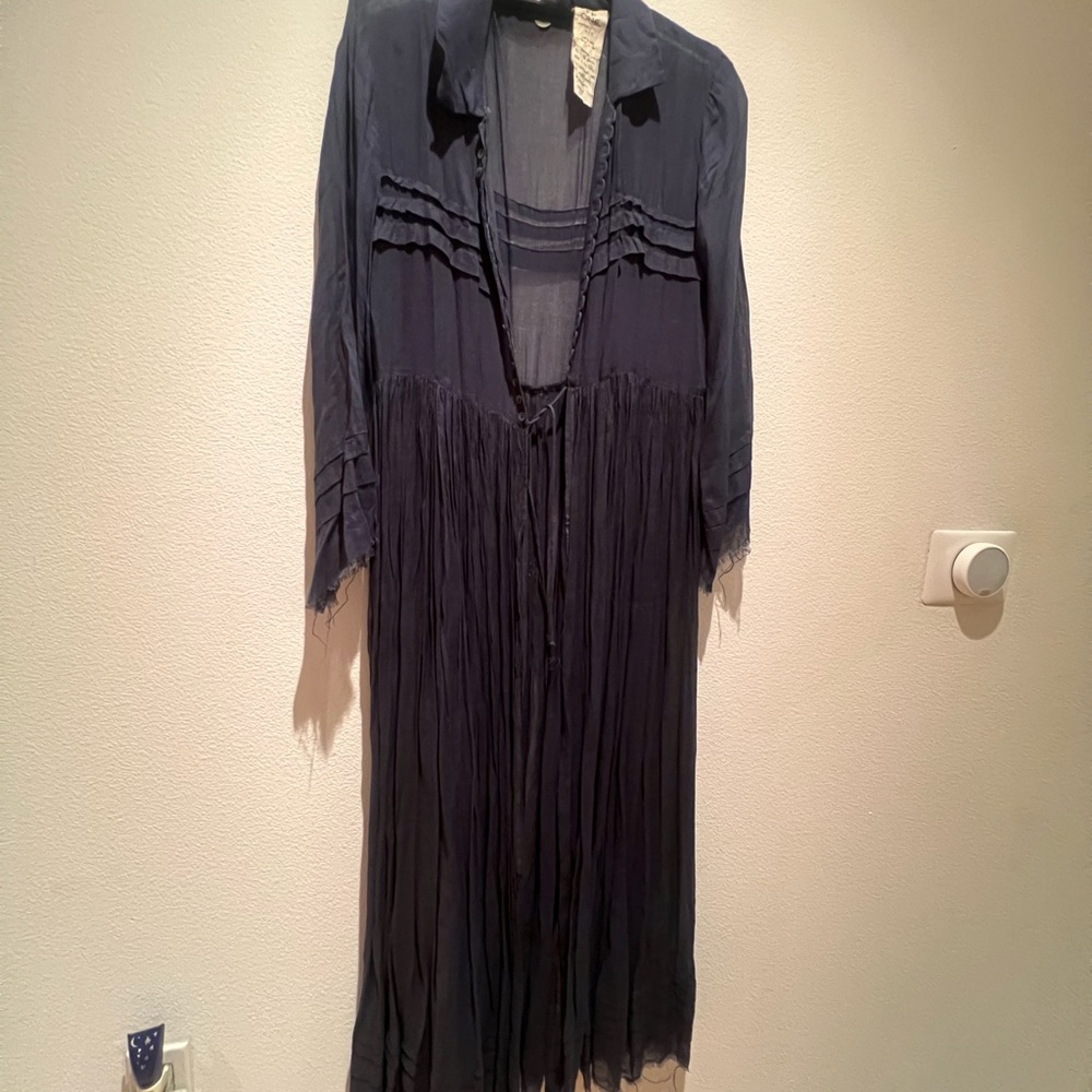 Navy Long-Sleeve Pleated Maxi tied in front Cardigan